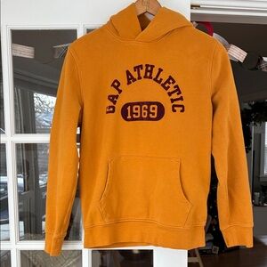 GAP Men's Mustard Hoodie with Maroon Print